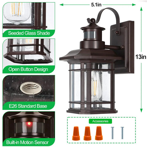 Dimensions and features of Two Pack Motion Sensor Wall Lights Dusk To Dawn Outdoor Wall Mount Oil Rubbed Bronze Front Porch Light LED.