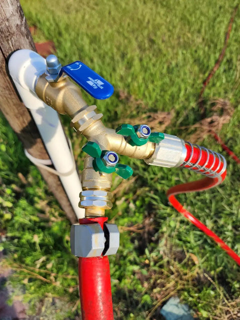 Brass Garden Hose Splitter With Full Port Valve For Maximum Flow Built To Last Two Way High Flow Y Connector All Metal Outdoor Faucet Splitter With Shutoff Durable Water Hose Adapter And Connector mounted on outdoor hose line