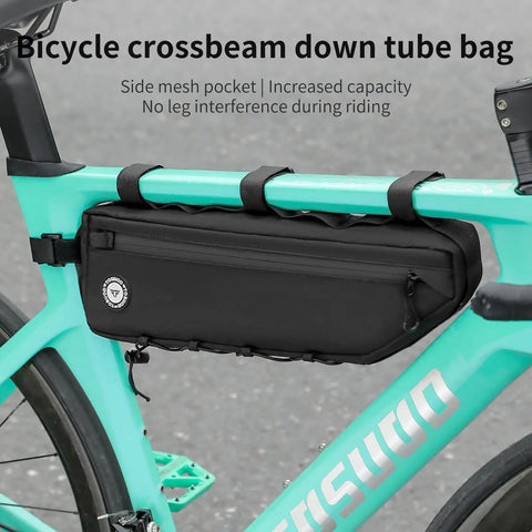Black 3L large bike frame bag with a 7 inch phone pocket waterproof 600D fabric four point anti sway straps on green bike frame.