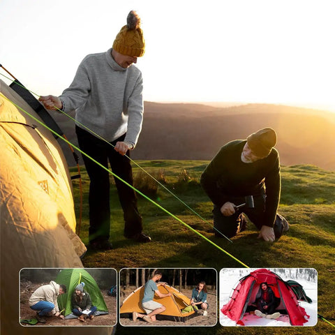 People setting up a tent with Ultralight 7-Inch Aluminum Tent Stakes Set 12 Pack With Reflective Pull Ropes, Tri-Beam Ground Pegs In Carrying Bag, Red