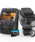 Dual 4K Front And 1080P Rear Dash Cam With GPS And WiFi For Your Ride, showing cameras, CPL filters, and 64GB card.