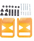 Shop Tough Woodworking Featherboard Kickback Slayer For Table And Band Saws Lock Down Workpieces Secure Hand Protection Tight Grip Yellow Heavy Duty Plastic Duo Pack, includes clamps and hardware.