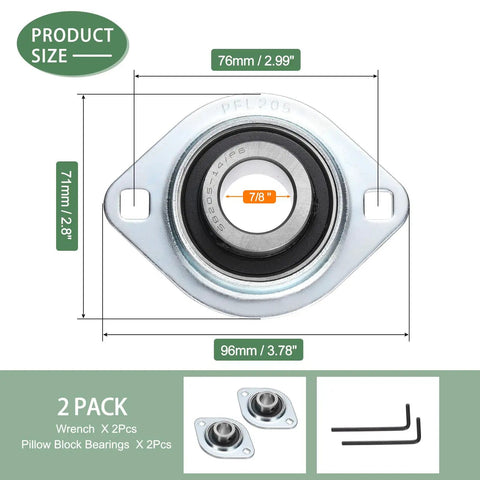 7/8 Inch Flange Bearing Pillow Block 2-Bolt Pressed Steel Housing With Set Screw Locking Includes Wrench