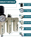 Heavy Duty 3/4 Inch NPT Industrial Air Drying System With Three Stage Filtration Workhorse Particulate Filter Coalescing Filter Desiccant Dryer And Air Regulator Auto Drain For Plasma Cutters And Paint Sprayers Handles 0 To 240 PSI High Flow with pressure adjustment knob and precision pressure gauge.