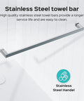 Stainless steel towel bar on shower wall, part of Frameless Double Sliding Shower Door With Adjustable Width To 56 To 60 Or 68 To 72 Inch Openings.