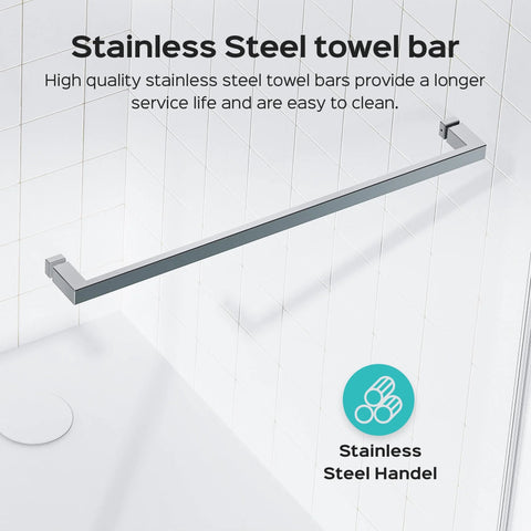 Stainless steel towel bar on a tiled wall, part of a Frameless Double Sliding Shower Door With Adjustable Widths From 56 To 60 Inches Or 68 To 72 Inches
