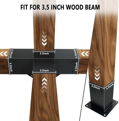 Beefy Four Way Right Corner Pergola Brackets Kit For 3.5 Inch Wood Beams 4x4 Posts With Hardware Heavy Duty Steel Black Powder Coated For Patio Gazebo And Log Cabin
