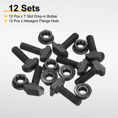 12 Piece Heavy Duty M6 T Slot Drop In Bolts Black Carbon Steel Hammer Head Sliding Screws With Hex Flange Nuts For 30 Series Aluminum Profile Assemblies Badass Strength Hella Smooth Installation.