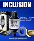 Inline Moisture Separator And Air Dryer With Push Button Drain Valve 1 Quarter Inch NPT, filter, teflon tape, connector