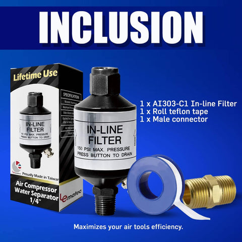 Inline Moisture Separator And Air Dryer With Push Button Drain Valve 1 Quarter Inch NPT, filter, teflon tape, connector