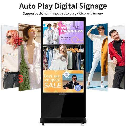 Legit 43 Inch Touch Screen Digital Signage Display Floor Stand Kiosk showcases vibrant promotions with stylish models.