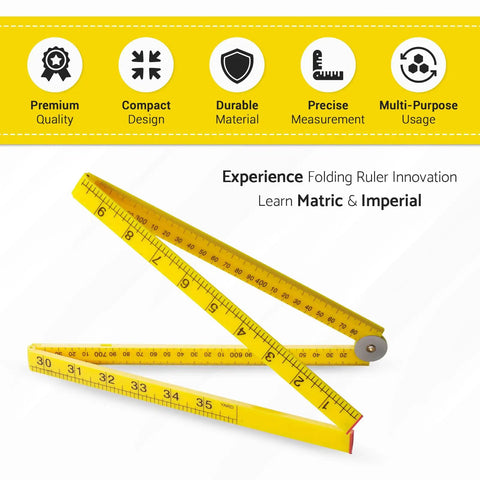 Foldable Meter Stick Ruler 36 Inch Go To Classroom Tool For Measuring In Inches Centimeters Millimeters And Meters, Yellow Plastic