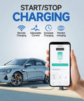 Smartphone showing app controlling No-Brainer Level 2 EV Charger 48 Amp 240V, car charging in background