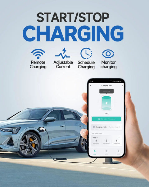 Smartphone showing app controlling No-Brainer Level 2 EV Charger 48 Amp 240V, car charging in background