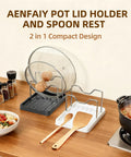 Handy Dandy Two In One Spoon Rest And Pot Lid Holder For Kitchen Counter, holds pot lids and utensils on wooden counter.