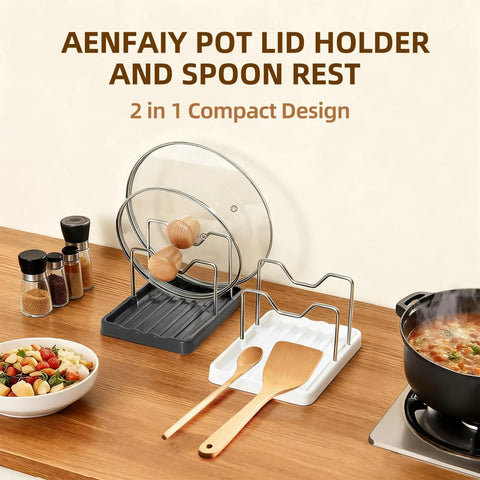 Handy Dandy Two In One Spoon Rest And Pot Lid Holder For Kitchen Counter, holds pot lids and utensils on wooden counter.