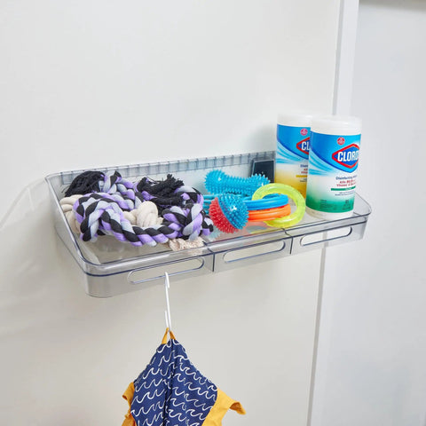 Clear Wall Mount Storage Bin And Shelf For Easy Organization Space Saving Wallspace Collection Organizer In Recycled Plastic Totally A Must Have Kitchen Bath Dorm Office And Home with cleaning supplies and toys.