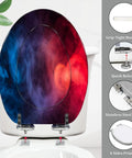 Toilet Seat Elongated Resin for Halloween Decor, featuring colorful smoke design, measures 14.5" x 18.5", stainless steel hinges.
