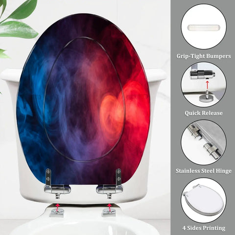 Toilet Seat Elongated Resin for Halloween Decor, featuring colorful smoke design, measures 14.5" x 18.5", stainless steel hinges.