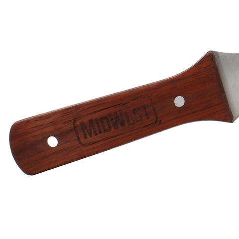 Close-up of Flex Duct Knife with contoured wooden handle and full tang stainless blade for HVAC work