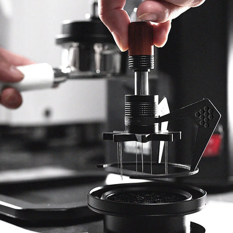 Stainless Steel Espresso Wdt Tool Needle Coffee Distributor With Rugged Stand Base, manual tool adjusting height over grounds.