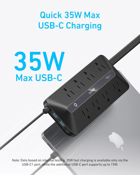 12 In 1 Power Strip With 900J Surge Protector And 35W Max Charging, 2 USB C Ports, 2 USB A Ports, And 8 AC Outlets For Home Office, Desk, And Travel Setups on laptop