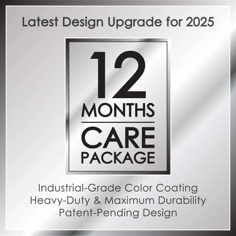 Silver badge displaying '12 Months Care Package' with heavy-duty and maximum durability text, latest design upgrade for 2025.