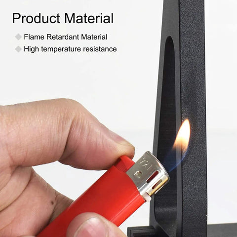 Hand holding lighter flame near Soldering Circuit Board Holder With 360 Degree Adjustable Flip And 5X Magnifying Gooseneck Arms for heat test.