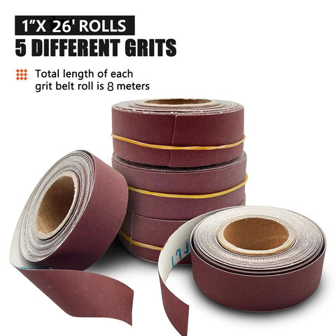 Emery Cloth Sandpaper Rolls Dispenser Set With 5 Grits 150 240 320 400 600 For Woodworking Automotive Metal Polishing Aluminum Oxide 1 Inch By 26 Feet With Tough Cloth Back displayed