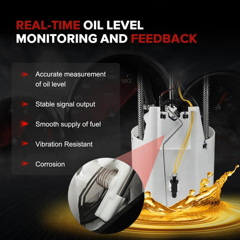 E8788M Heavy Duty Electric Fuel Pump Module Assembly showing real-time oil level monitoring features and components for Nissan Armada Titan.