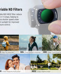 Close-up of 0.75x Wide Angle Lens With 108 Degree Field Of View And ND2 32 CPL Diffusion Filter Set, demonstrating exposure control
