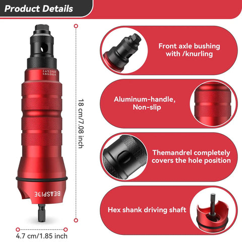 Cordless Rivet Gun Adapter Kit For Drills Electric Rivet Drill Adapter details with aluminum handle and interchangeable heads.