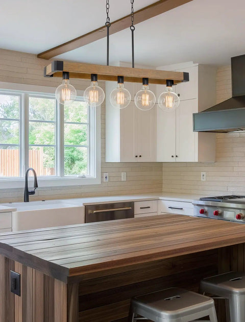 36 Inch Rustic Kitchen Island Light With 5 Lights, Linear Metal Frame, Hickory Wood Look And Black Finish, Modern Farmhouse Pendant
