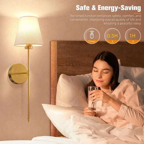 Gold Wireless Wall Sconces Set Of Two With Rechargeable Led Lights Remote Dimmable Switch Ten Adjustable Color Modes Zero Wiring No Fuss Setup Straight Up Game Changer For Cozy Living Room Vibes, installed beside bed, creating a warm ambiance.