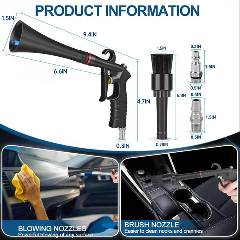 Front view of black Senduzll Tornado car cleaning gun with aluminum alloy nozzle and brush attachment for air compressor