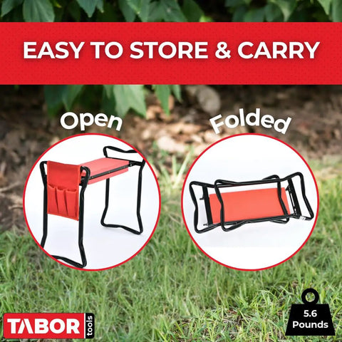 All In One Garden Kneeler And Seat Bench With Tool Bag Pouch And Foam Pad Cushion Lightweight Foldable Workseat open and folded view