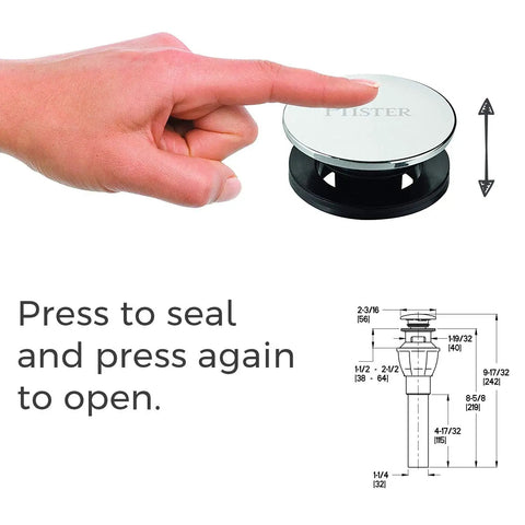 Push And Seal Drain In Polished Chrome, Quick Three-Part Install, No Fuss Press To Seal, Leak-Proof Compression Seal diagram