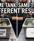 Top Notch Ultrasonic Cleaner Fluid For Carburetors And Engine Parts in comparison tanks, showing dirty vs. clean carburetor.