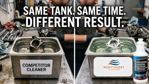 Top Notch Ultrasonic Cleaner Fluid For Carburetors And Engine Parts in comparison tanks, showing dirty vs. clean carburetor.