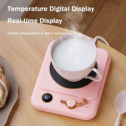 Smart Electric Mug Warmer With Three Heat Modes And Automatic Shutoff Keeps Your Daily Brew Piping Hot Without The Burn. Pink digital display with steaming cup.