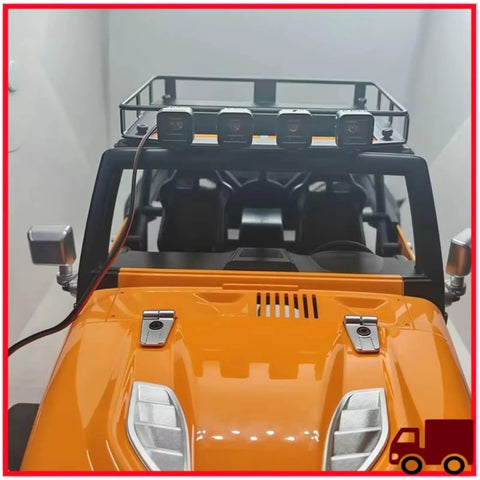Top Shelf Remote Control Lighting Kit For Compact Crawler With Switch Controlled Square Leds Built Like A Tank Tough Replacement Mods showing orange RC crawler with LED lights on top.