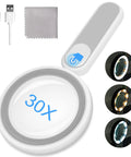 Rechargeable Lighted Magnifying Glass 30X 4.7 Inch Handheld Loupe with USB charge, 21 LED, shown with microfiber cloth and charging cable.