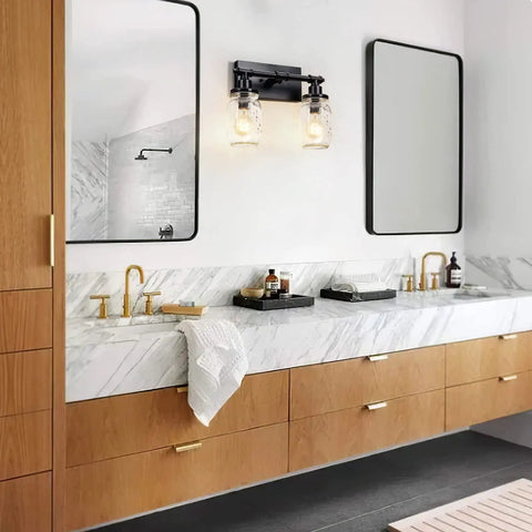 Industrial Mason Jar Vanity Lights 2 Pack With Clear Glass Shades Gold And Black Farmhouse Wall Sconces Over Mirror for Bathroom