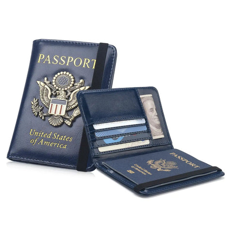 RFID Blocking Passport Holder Travel Wallet With Vaccine Card Slot Waterproof Leather US Passport Cover For Men And Women 3D Eagle Emblem Organizer Plus showing organized card slots and passport storage in blue leather.