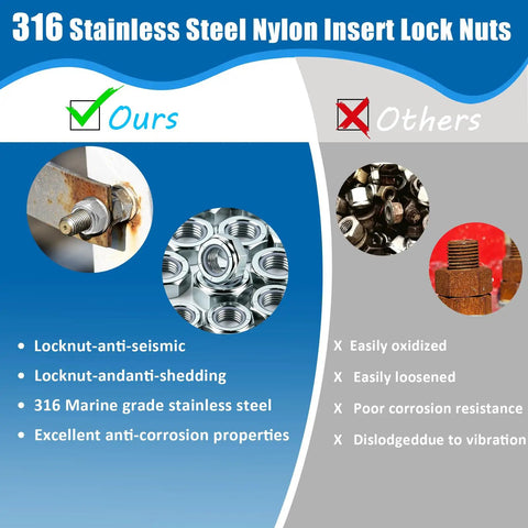 Comparison of 316 Stainless Steel Nylon Insert Lock Nuts to others for marine hardware use and corrosion resistance.