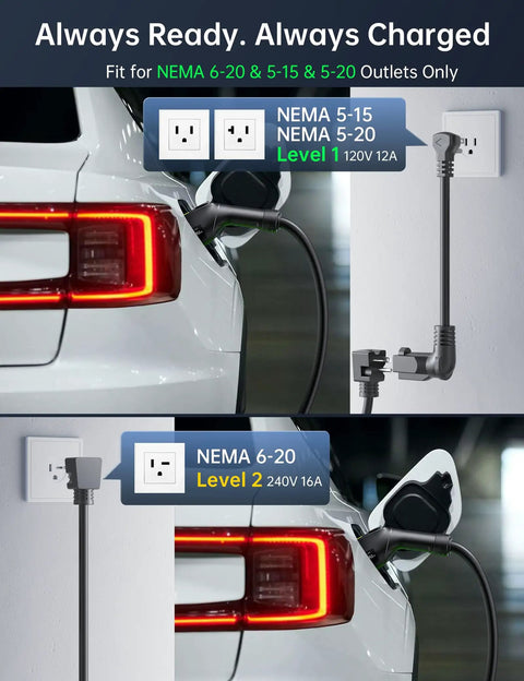 No Sweat Setup Level 1 And 2 EV Charger With Holder, 110V To 240V J1772 Portable Electric Vehicle Charger With 21 Ft Cable connected to NEMA outlets.