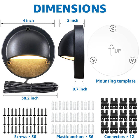 Dimensions of 12 Pack Low Voltage LED Deck Lights With FastLock2 Connectors, 12-24V AC DC, 3000K Warm White, Anti Glare, Die Cast Aluminum, IP65 Waterproof Landscape Step Lights For Decks Steps And Fences, 50,000 Hour Lifespan.