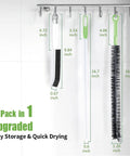 3 Piece Drain Cleaning Brush Set with Flexible Drain Brush and Crevice Brush hanging, showing dimensions for kitchen sink bathroom toilet vent scrubber.
