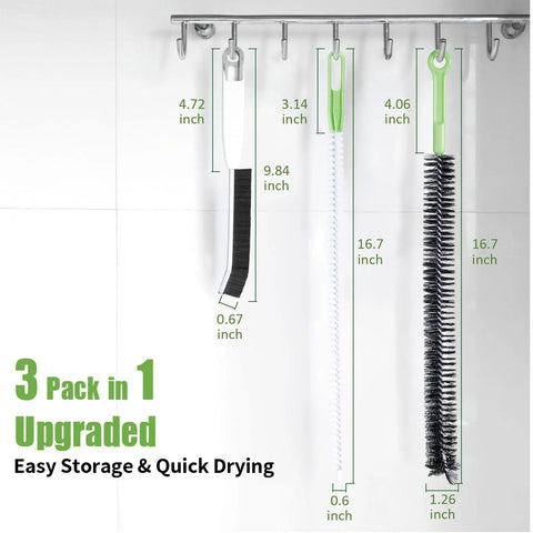 3 Piece Drain Cleaning Brush Set with Flexible Drain Brush and Crevice Brush hanging, showing dimensions for kitchen sink bathroom toilet vent scrubber.