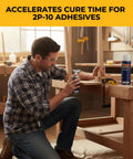 Man using 12 Oz Adhesive Spray Activator For 2P-10 Glue on wood, accelerating cure time, maintaining joint strength.